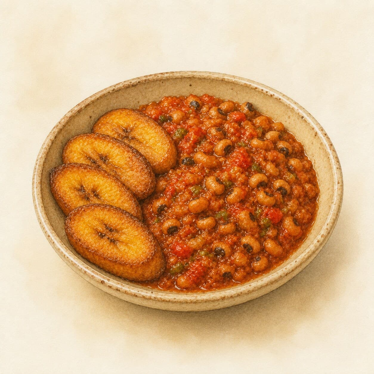 A vibrant bowl of red red stew with black-eyed peas, tomatoes, and fried sweet plantains on the side.