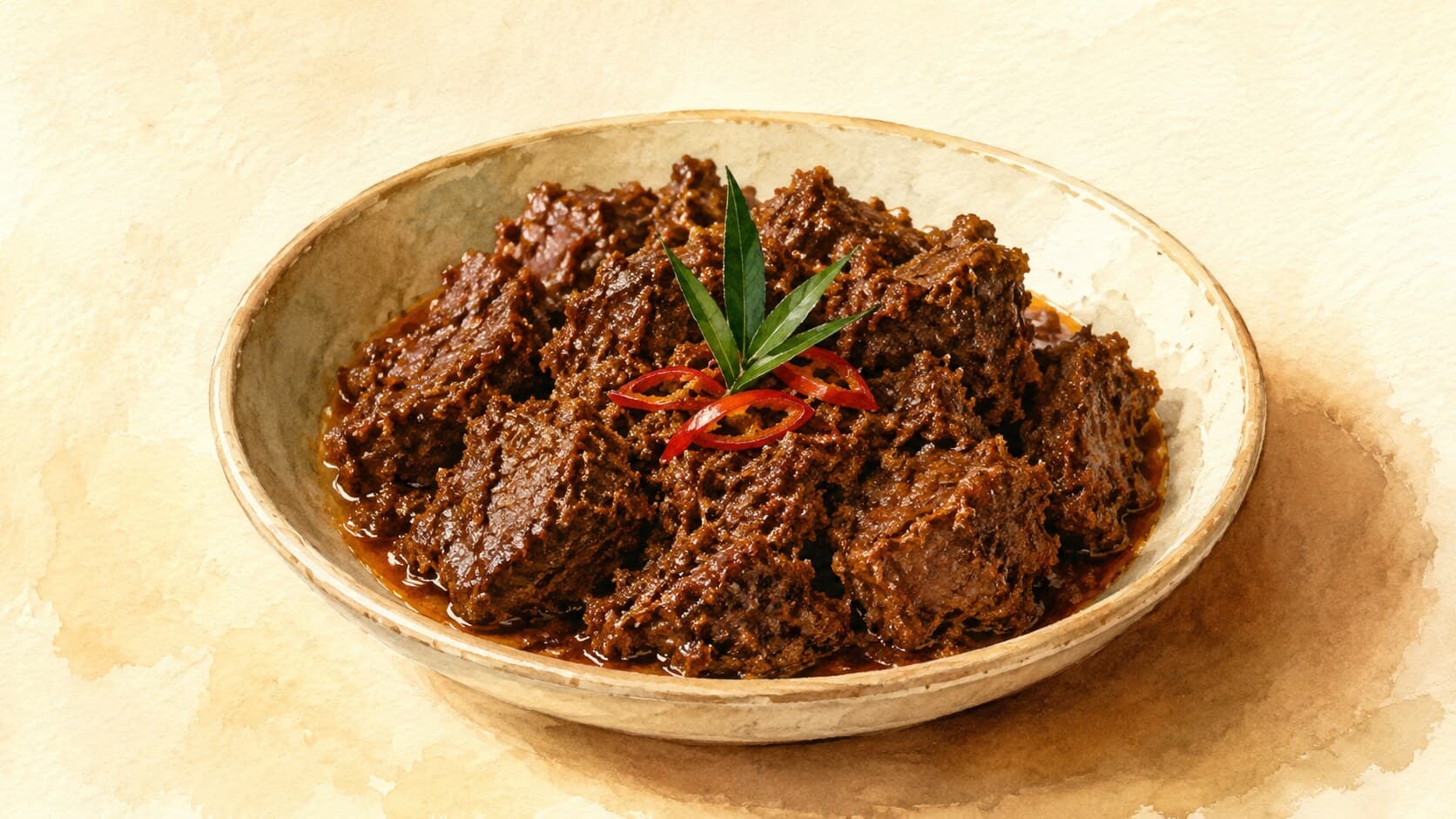 Mahogany-dark chunks of beef coated in spice with toasted coconut and curry leaves, served with white rice.