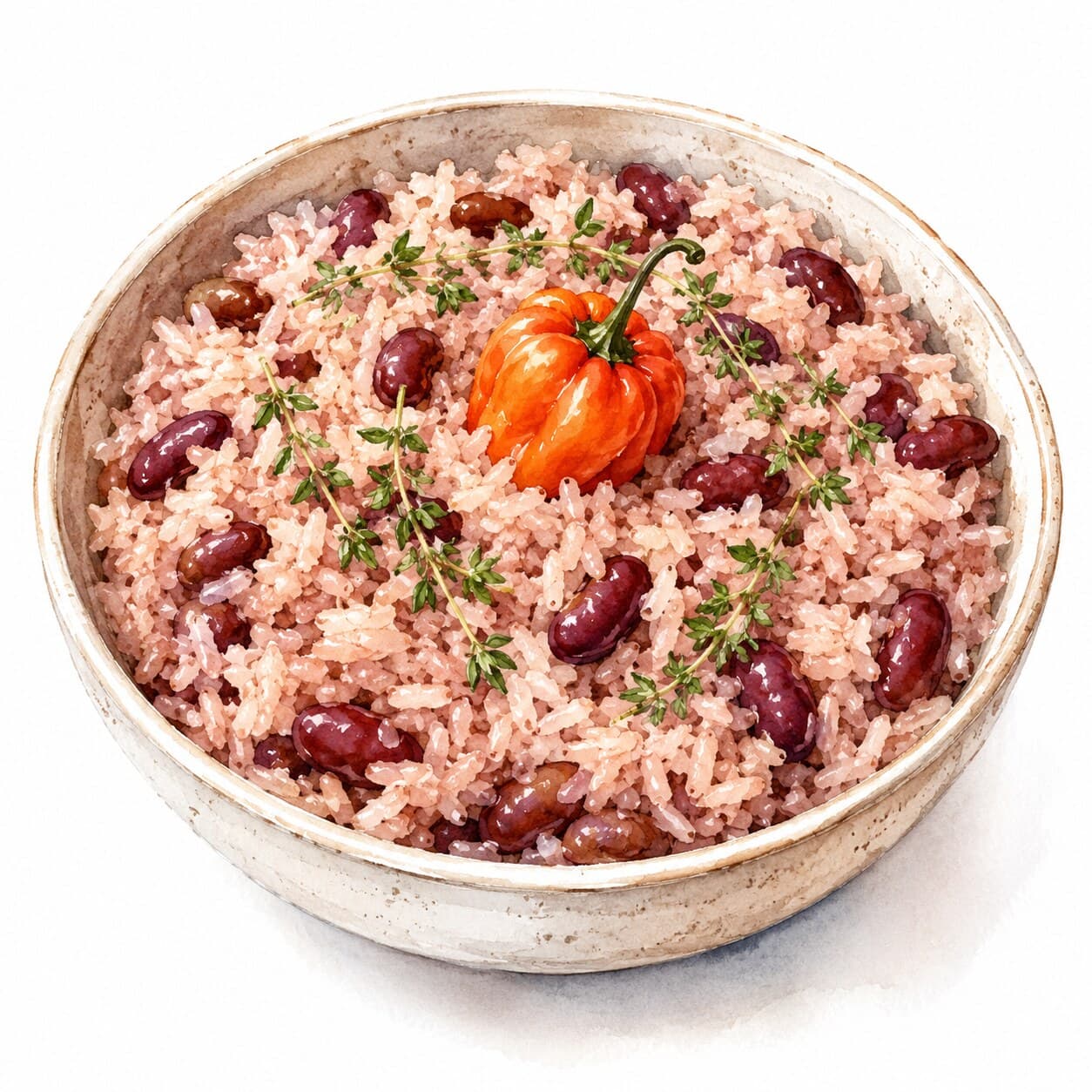 A bowl of Jamaican rice and peas garnished with thyme and a whole scotch bonnet.