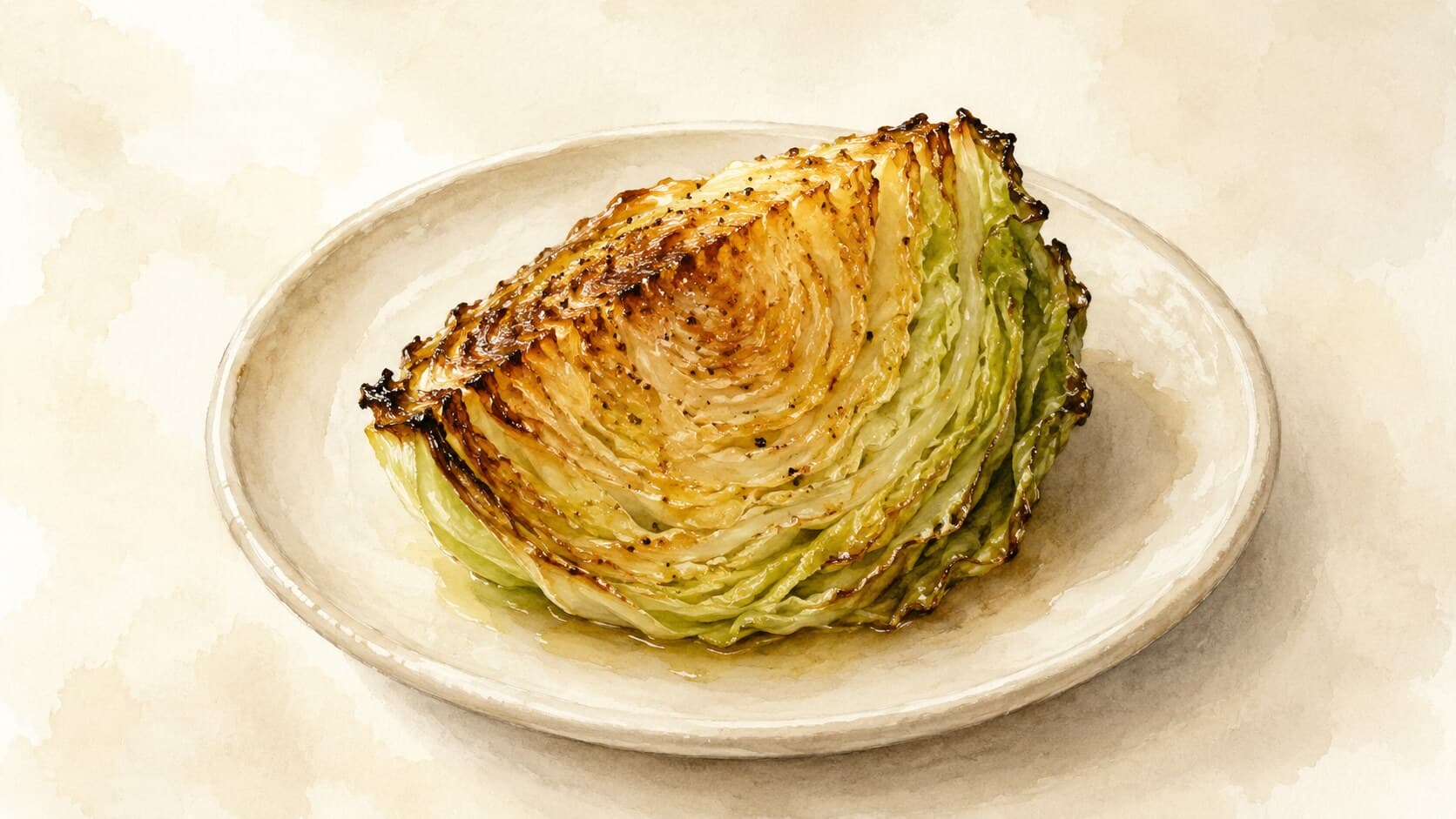A beautifully roasted cabbage wedge, showcasing its golden-brown edges and vibrant green layers.
