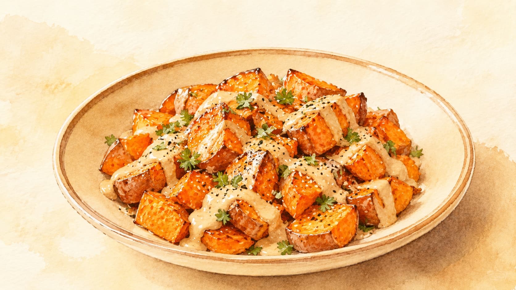 焼きたてのサツマイモにタヒニソースがかかった美しい皿。