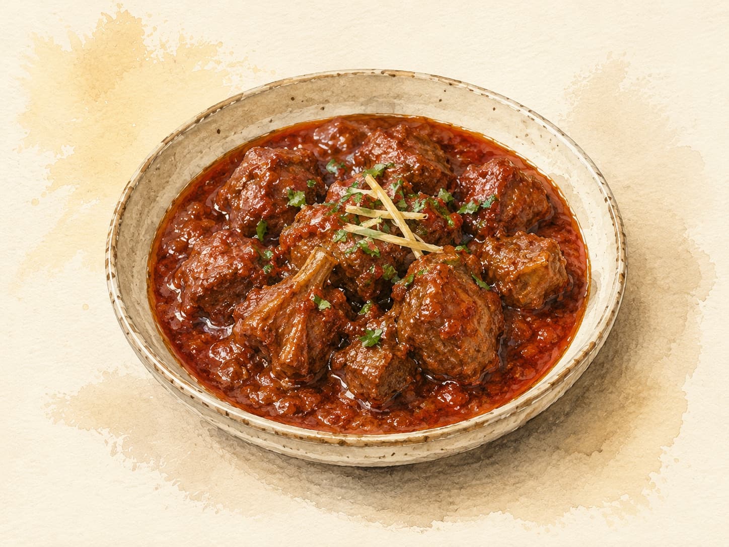 赤色のカレーソースに煮込まれた肉が盛り付けられた皿