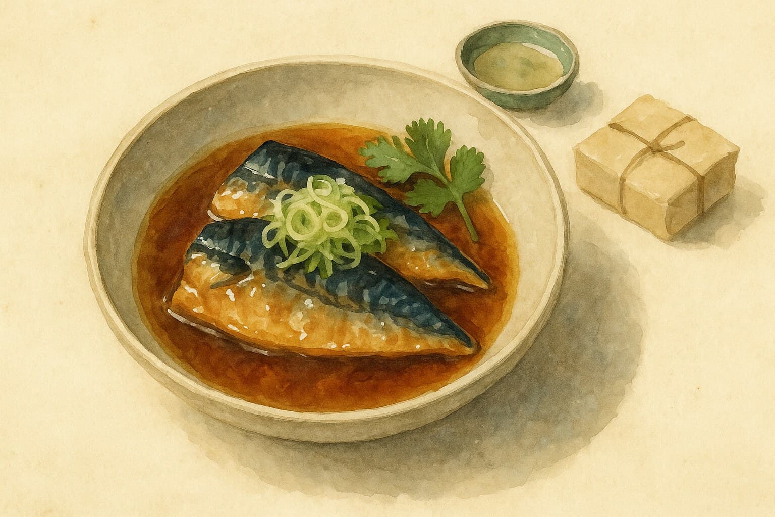 Glossy mackerel fillets in a rich miso-ginger-sake sauce, garnished with green onion and ginger.