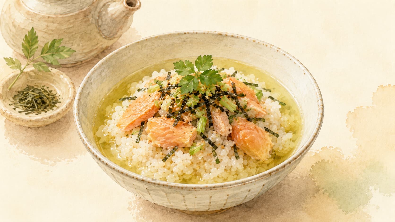 A bowl of Sake Chazuke featuring rice, green onions, and salmon flakes garnished with nori.