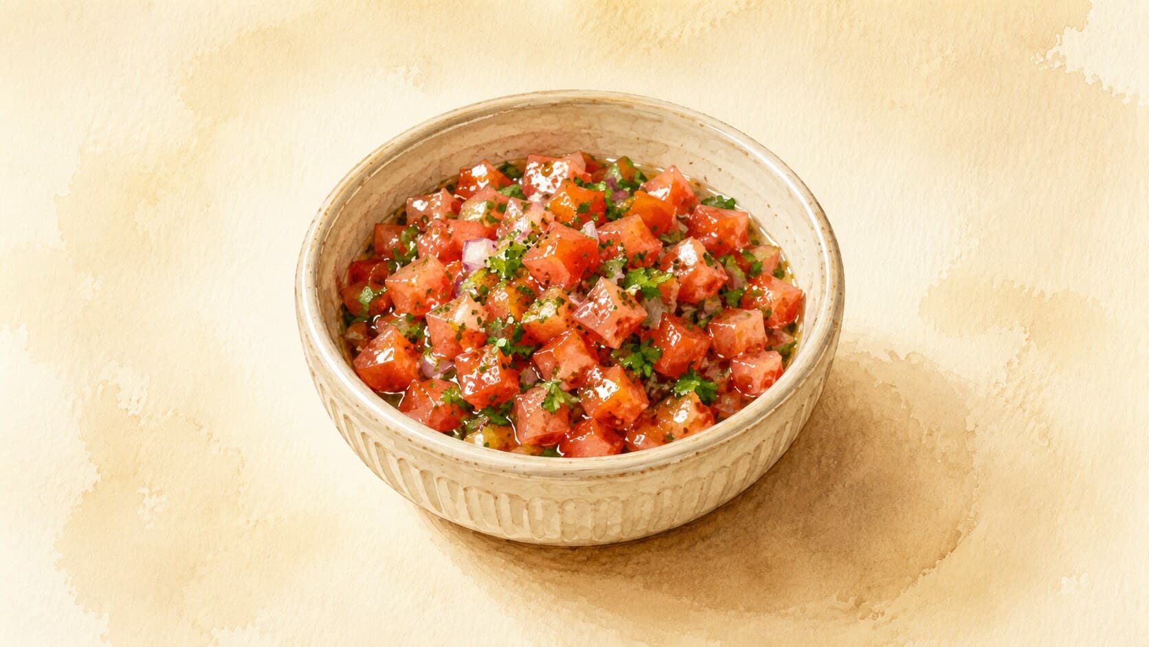 A colorful bowl of freshly made Salsa Cruda with vibrant tomatoes and herbs.