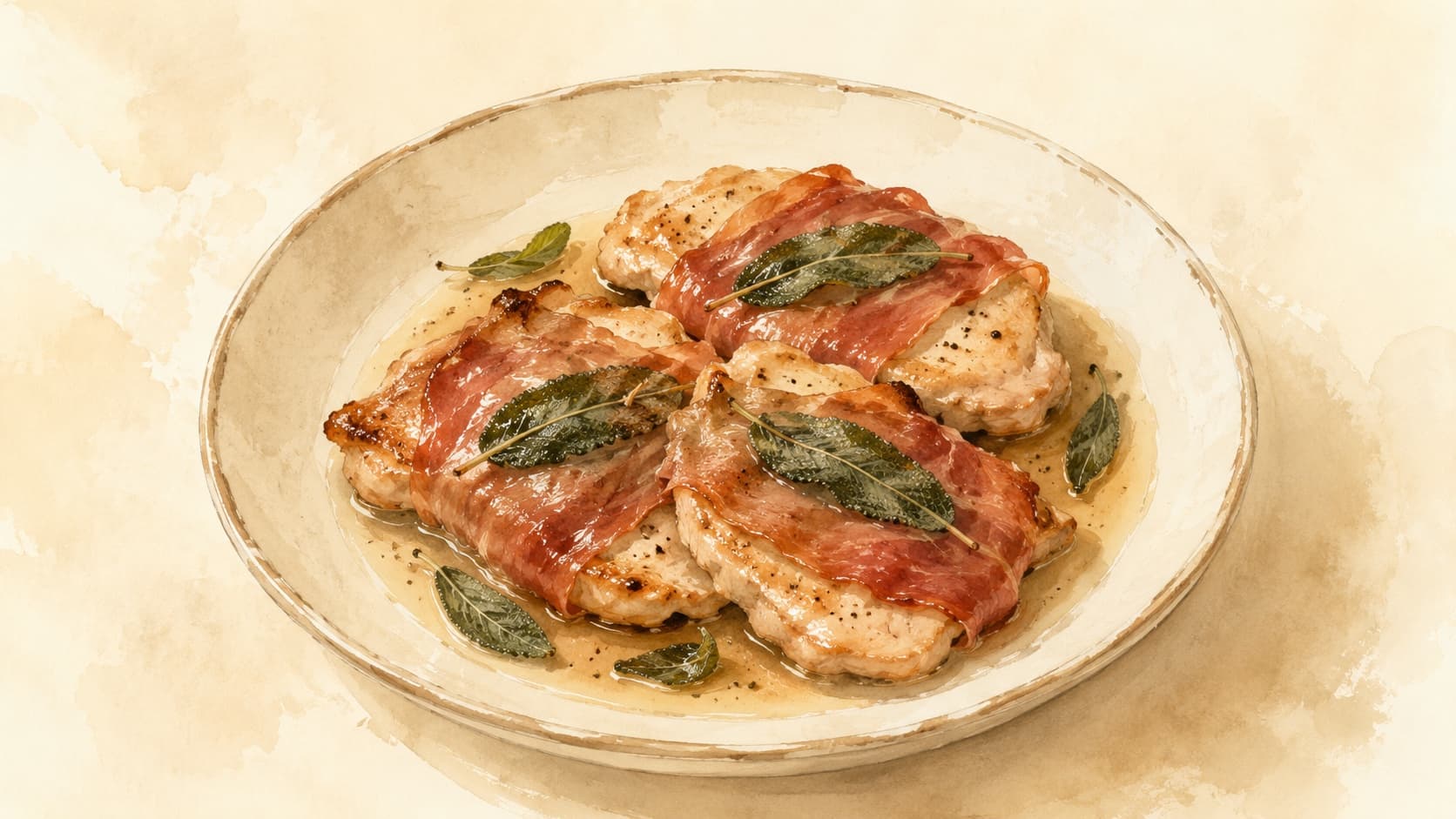Thin veal slices wrapped with prosciutto and sage, elegantly plated.