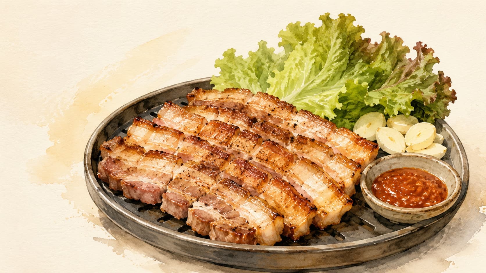 Grilled pork belly served with lettuce and dipping sauces.