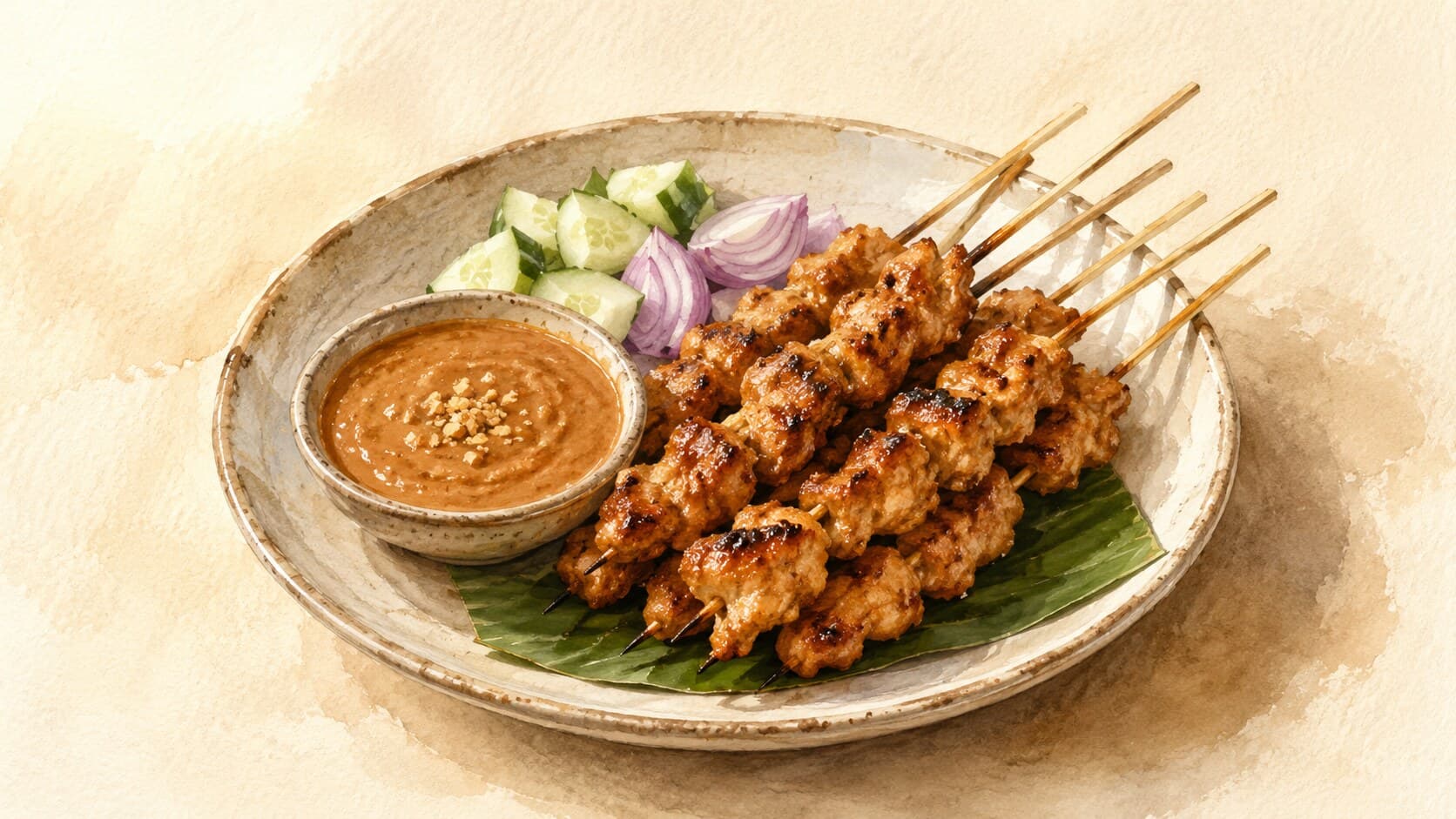 バナナリーフの上に盛り付けられた、焦げ目のついた鶏肉串と艶やかなピーナッツソースの皿。