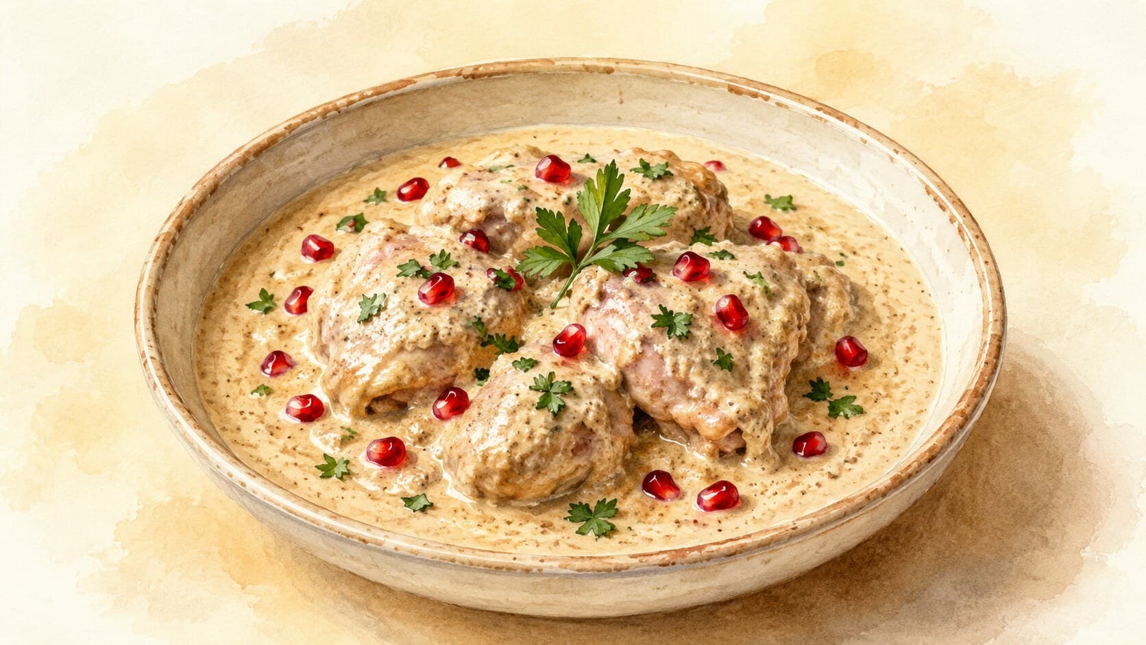 淡いくるみソースに包まれた鶏肉のピースが、ざくろの種とパセリで飾られた皿の上に盛られています。