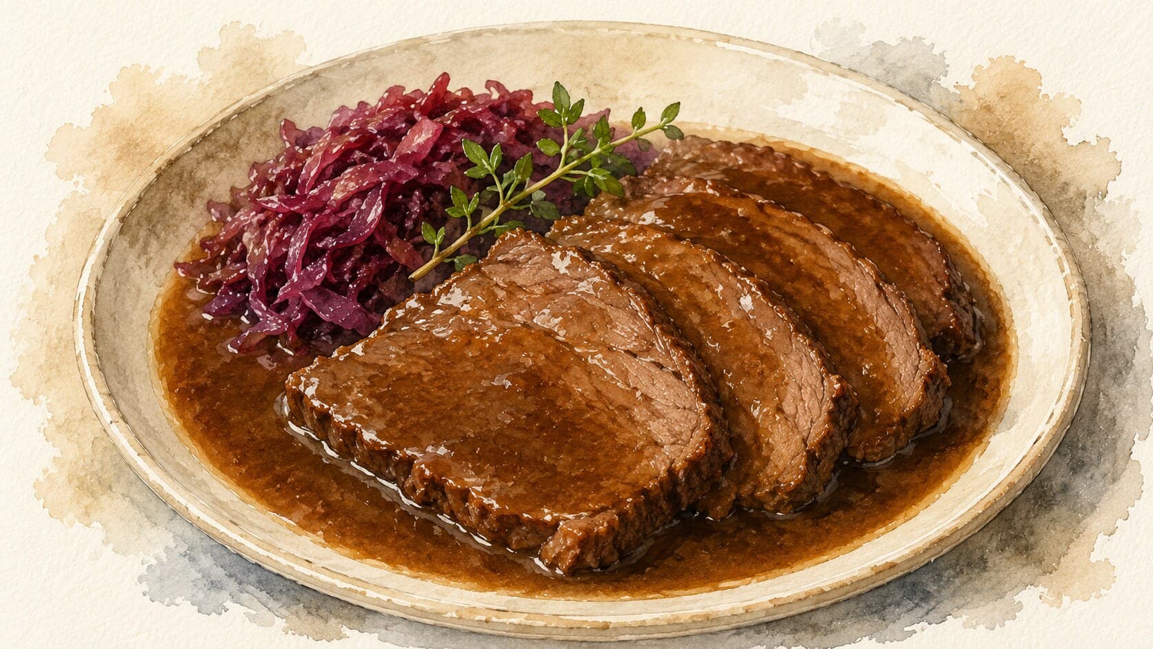 A beautifully illustrated bowl of Sauerbraten on a warm cream background.