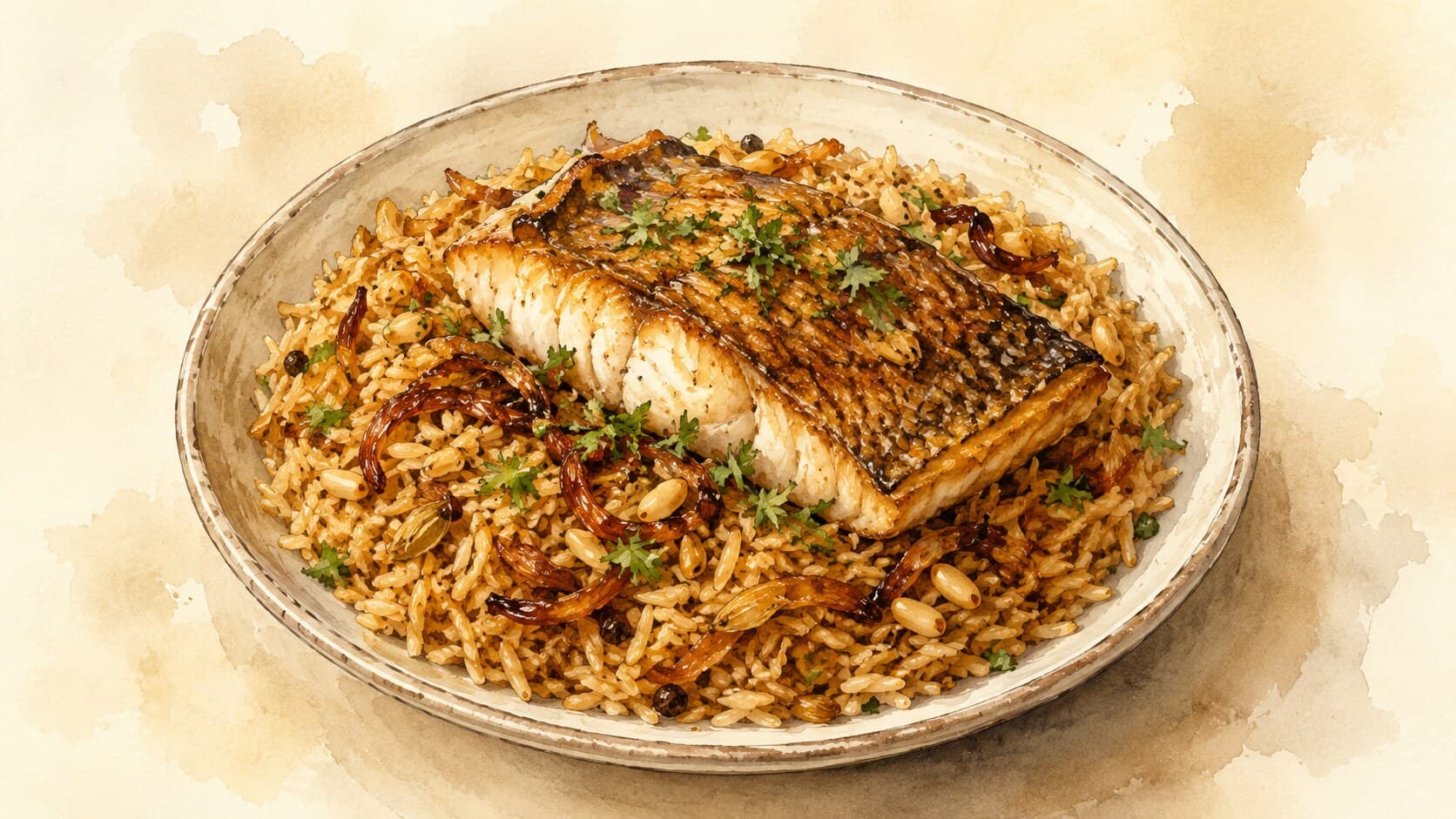 金色のクミンライスの上に焼き白身魚と濃い茶色のキャラメル玉ねぎが乗った大皿の料理。