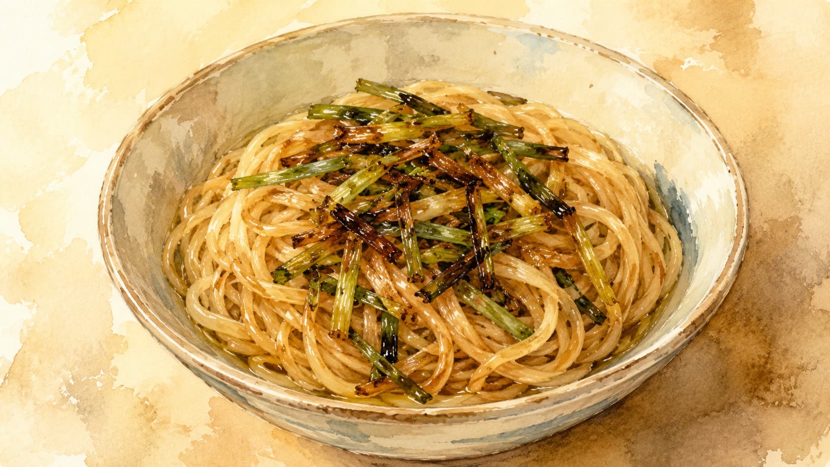葱油拌麺の美しい盛り付けが描かれた水彩画。