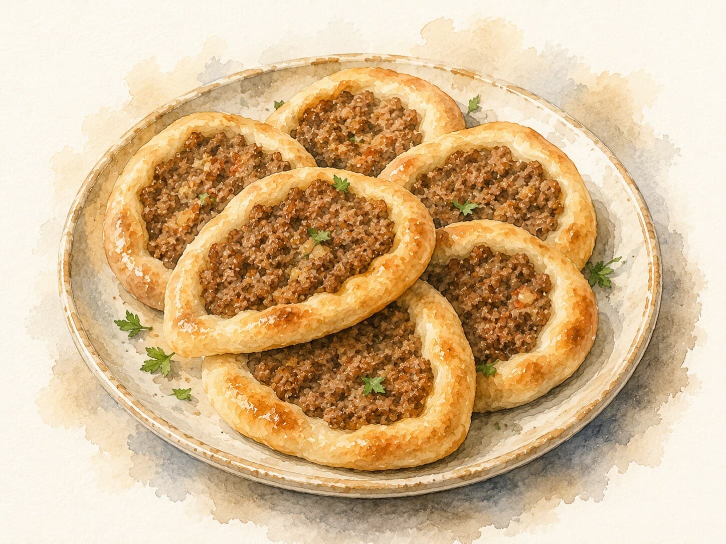 A watercolor illustration of Sfeeha with spiced meat on dough, set against a warm cream background.