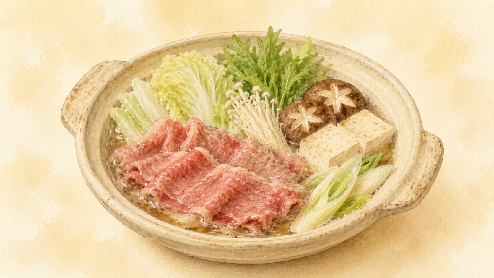 A colorful spread of thinly sliced meats and fresh vegetables in a hot pot.