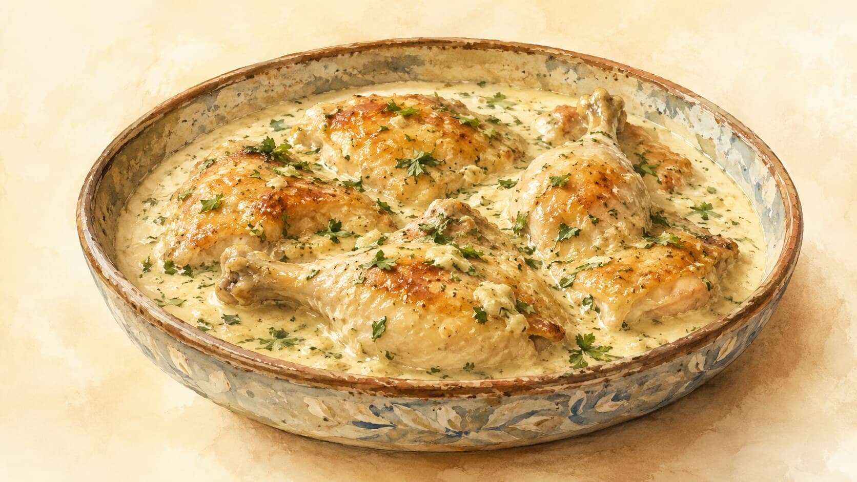 A plate of chicken pieces in a pale creamy garlic-milk sauce, garnished with fresh herbs.
