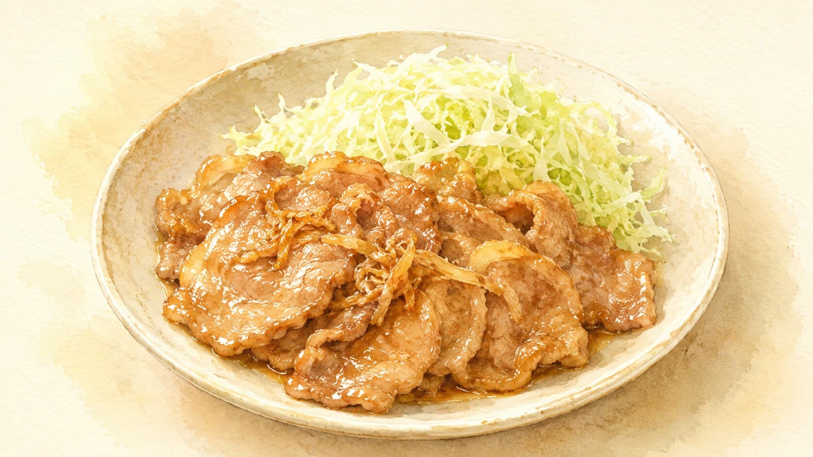 A beautifully presented dish of Buta no Shogayaki featuring tender pork loin, glistening with a ginger-soy sauce.