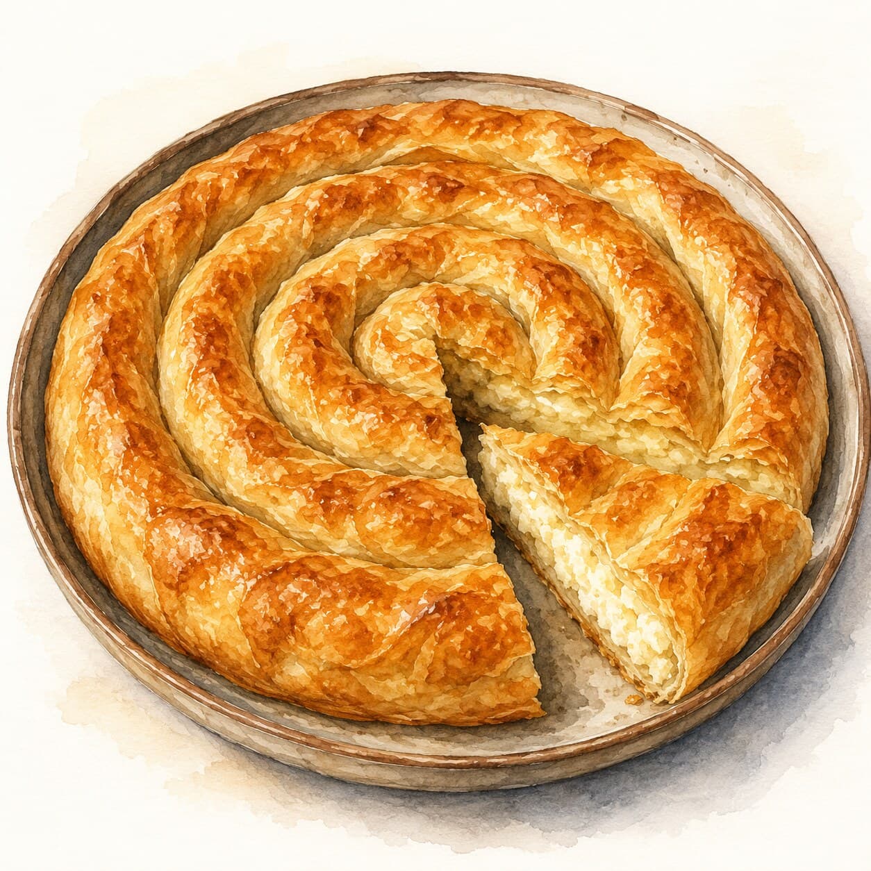 Golden-baked sirnica pie with visible cheese filling, artfully coiled and presented.