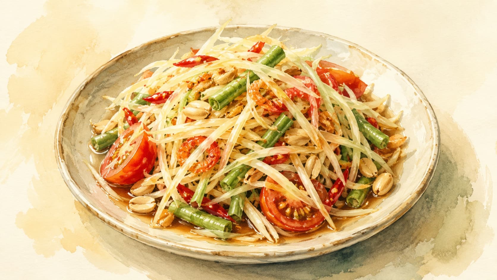 A vibrant mix of shredded green papaya, tomatoes, and peanuts.