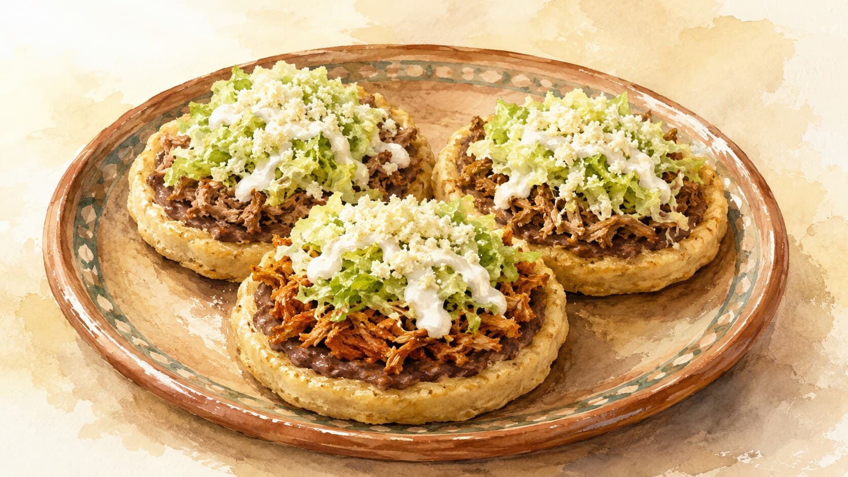 Thick masa rounds with raised edges, topped with beans, shredded meat, lettuce, crema, and queso fresco.