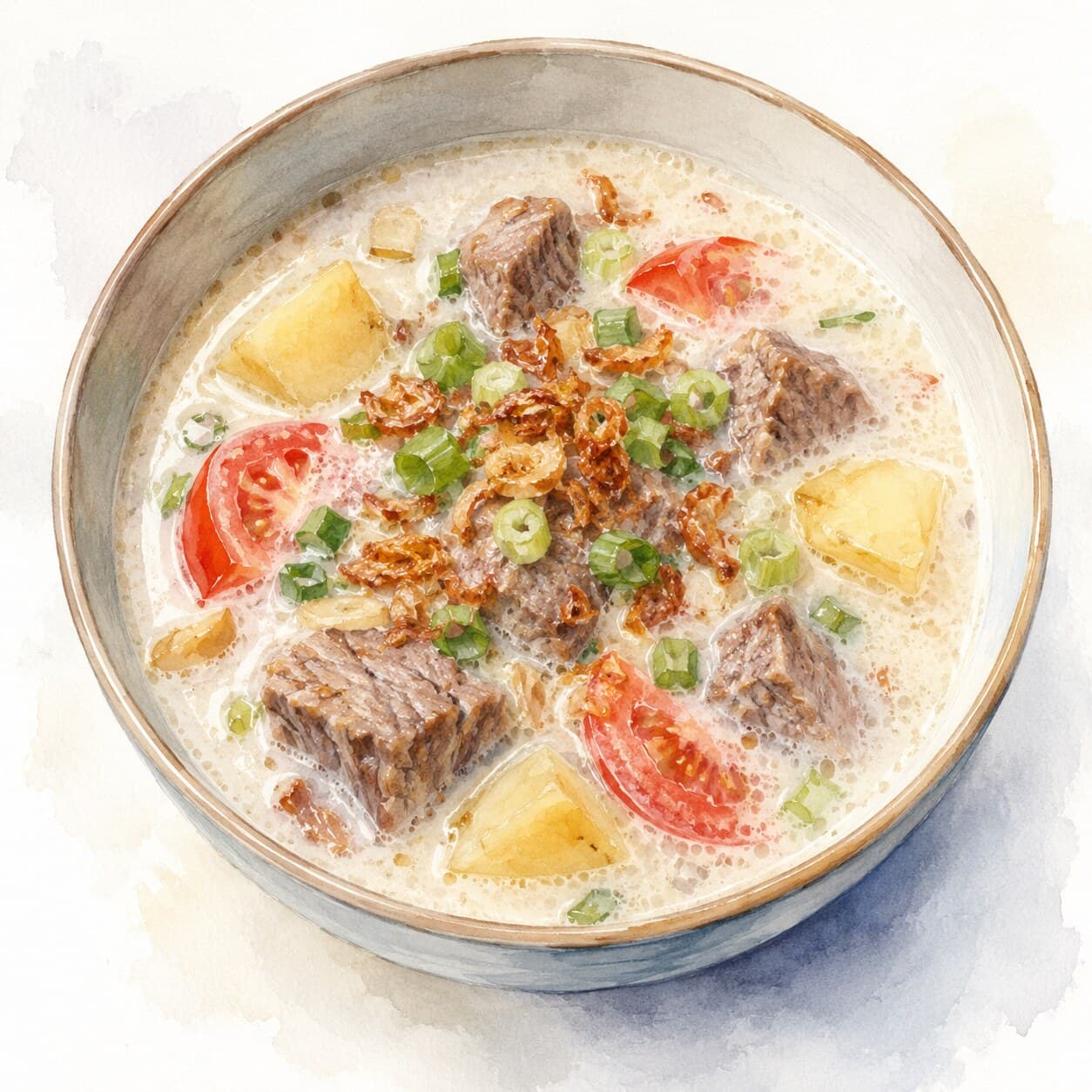 A bowl of Soto Betawi featuring beef, tripe, and a creamy broth topped with fried shallots.