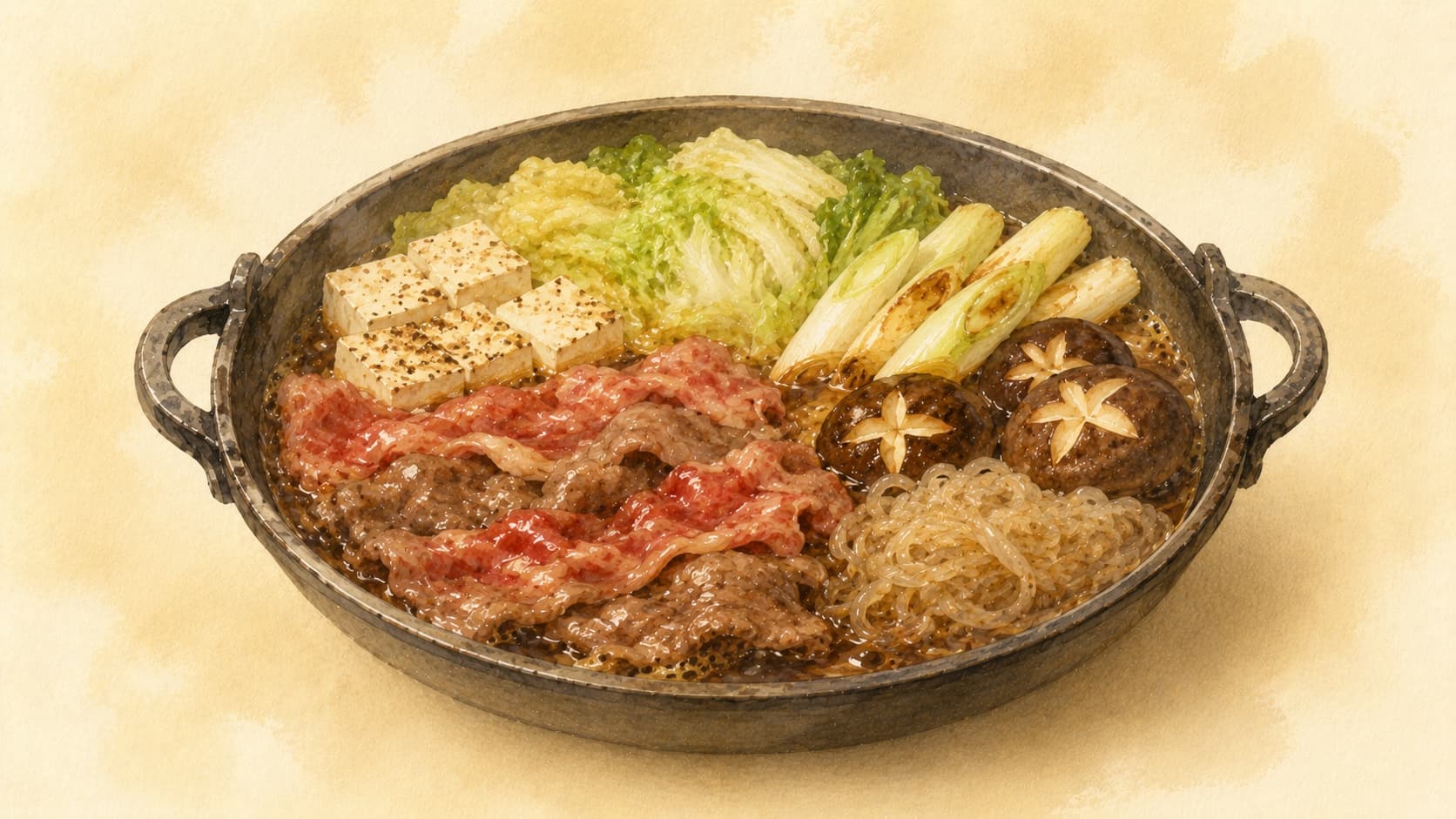 A colorful assortment of thinly sliced beef, vibrant vegetables, and tofu in a glossy broth.