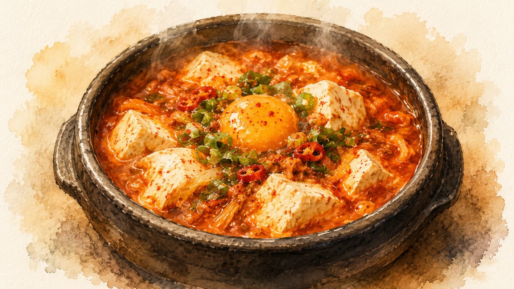 A steaming bowl of Sundubu Jjigae with vibrant red broth and soft tofu.