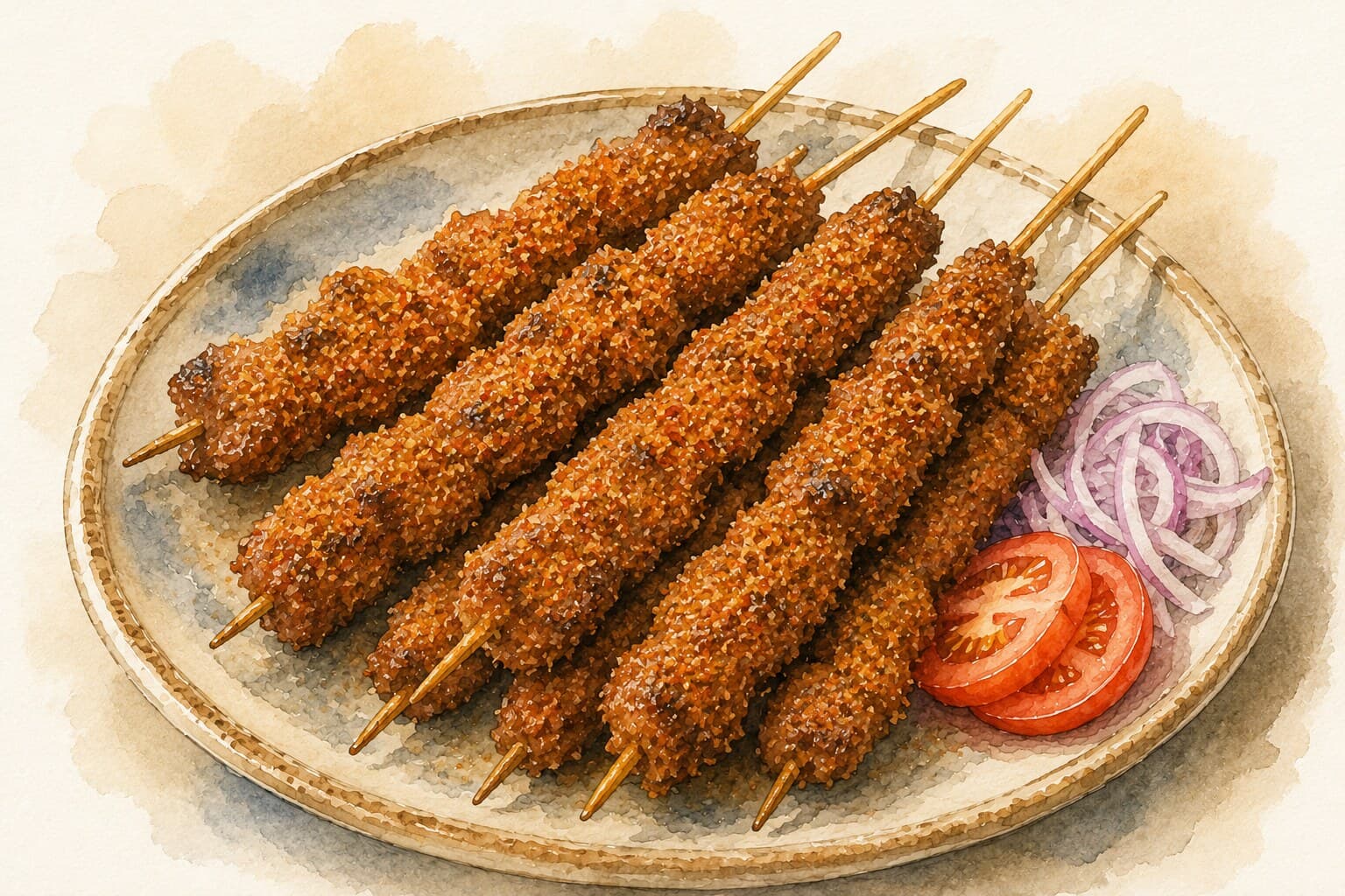 A beautifully illustrated plate of Suya skewers garnished with raw onion on a warm cream background.