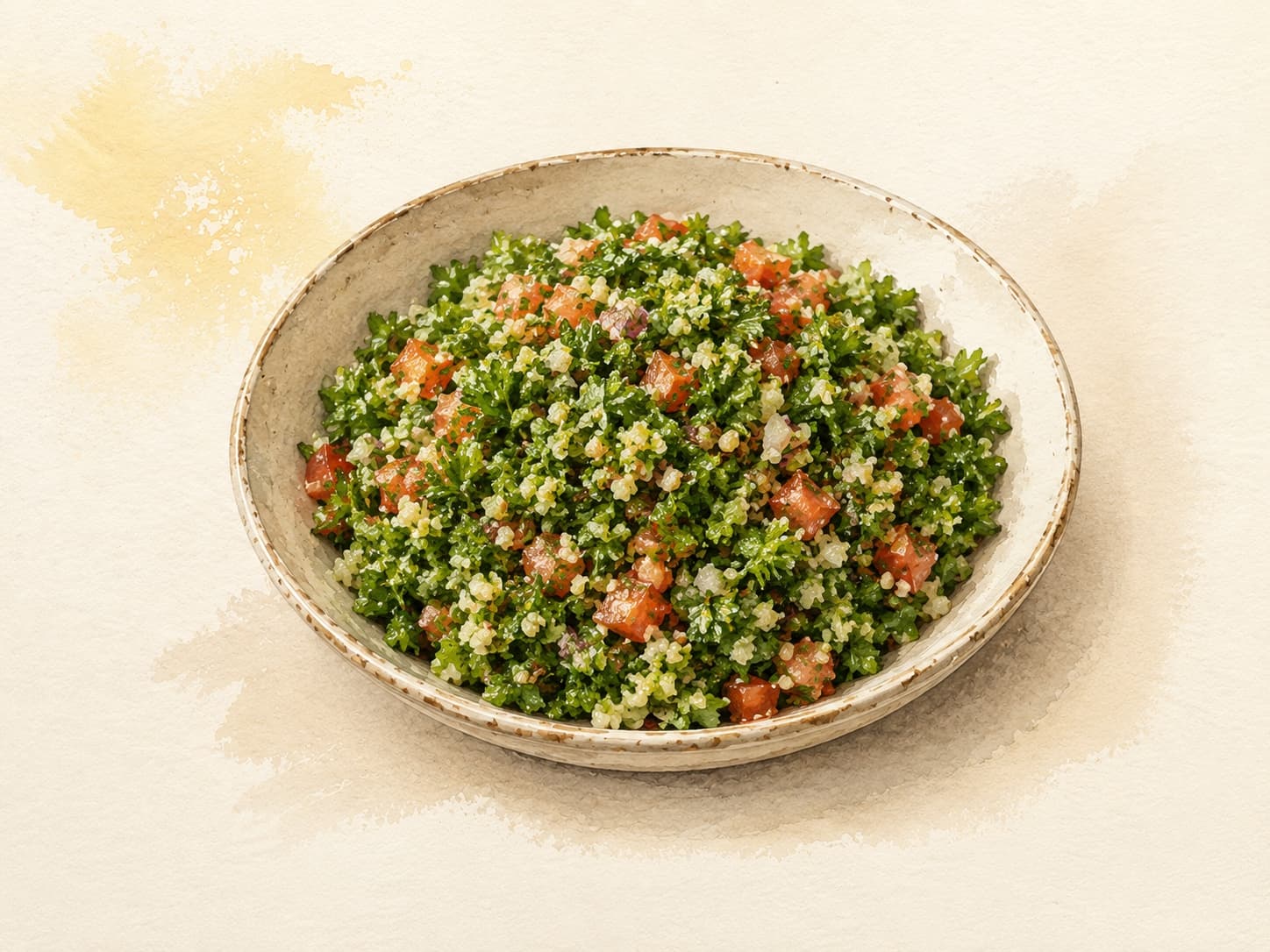 A colorful bowl of tabbouleh featuring finely chopped parsley, tomatoes, and bulgur.
