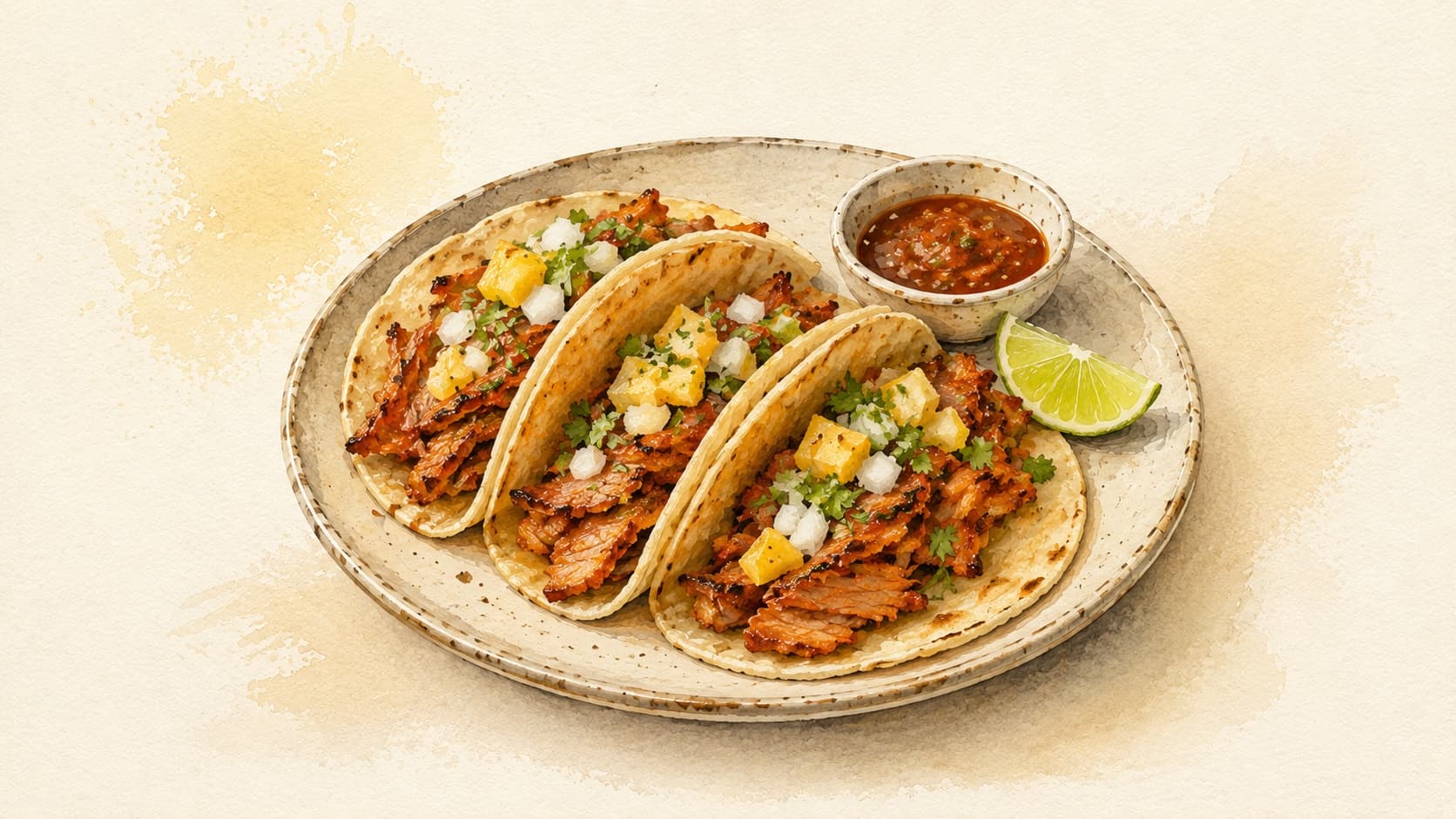 Tacos al Pastor served with fresh toppings and vibrant colors.