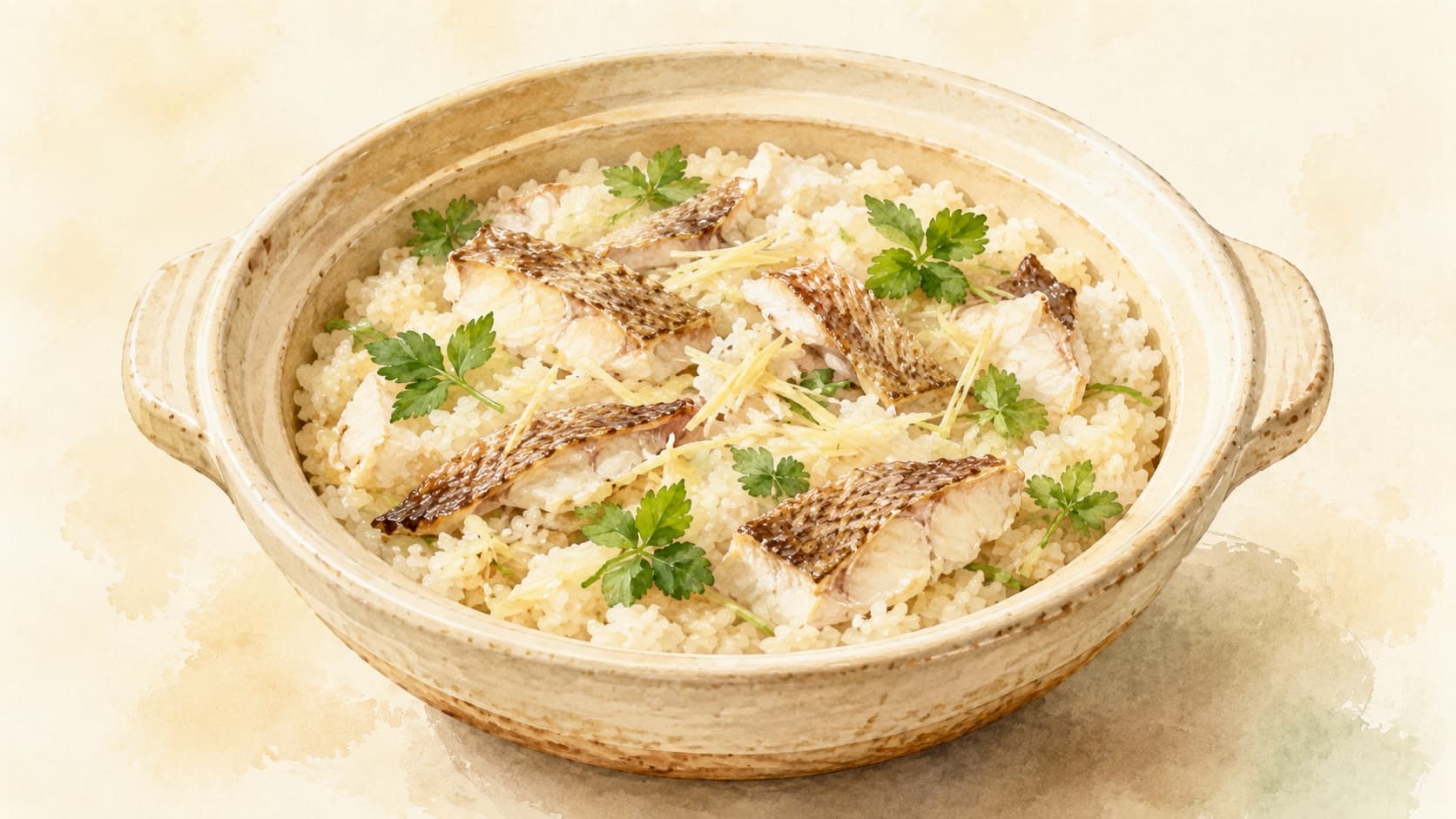 A beautifully arranged bowl of Tai-Meshi garnished with green onions and shiso leaves.