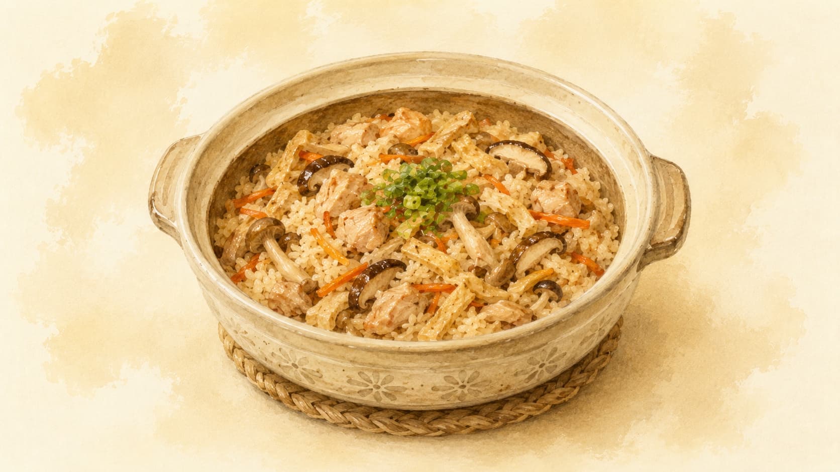 色とりどりの具材が入った炊き込みご飯の盛り付け