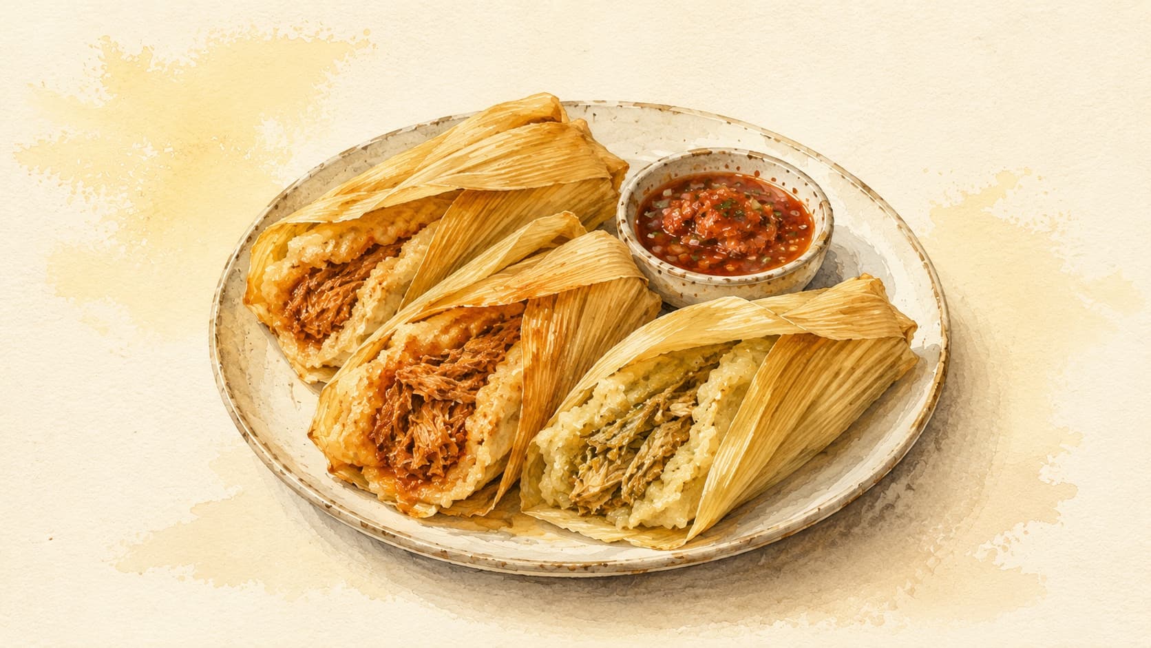 Steamed tamales wrapped in corn husks, showcasing their vibrant fillings.
