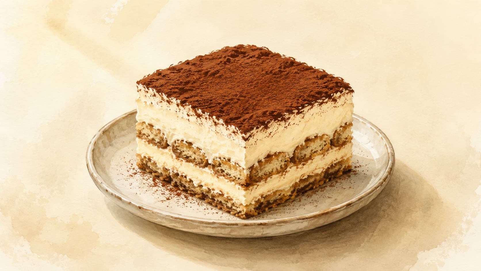 A layered dessert with rich mascarpone cream and cocoa powder topping.