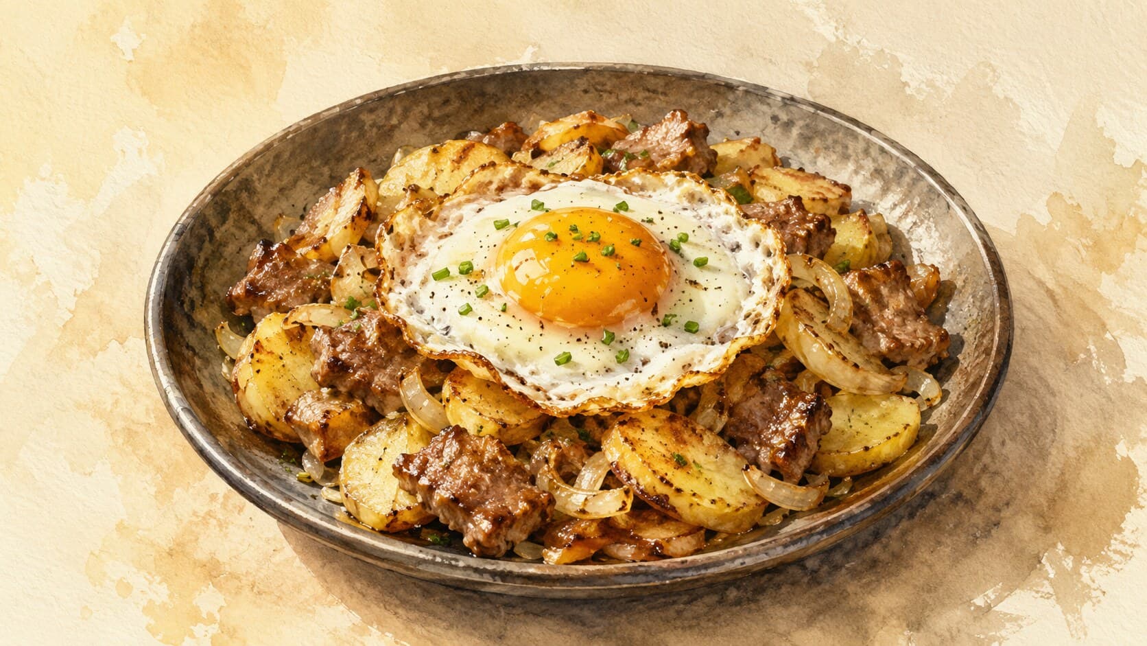 パリッと焼かれたポテトと牛肉、玉ねぎの上に目玉焼きが乗った一皿。