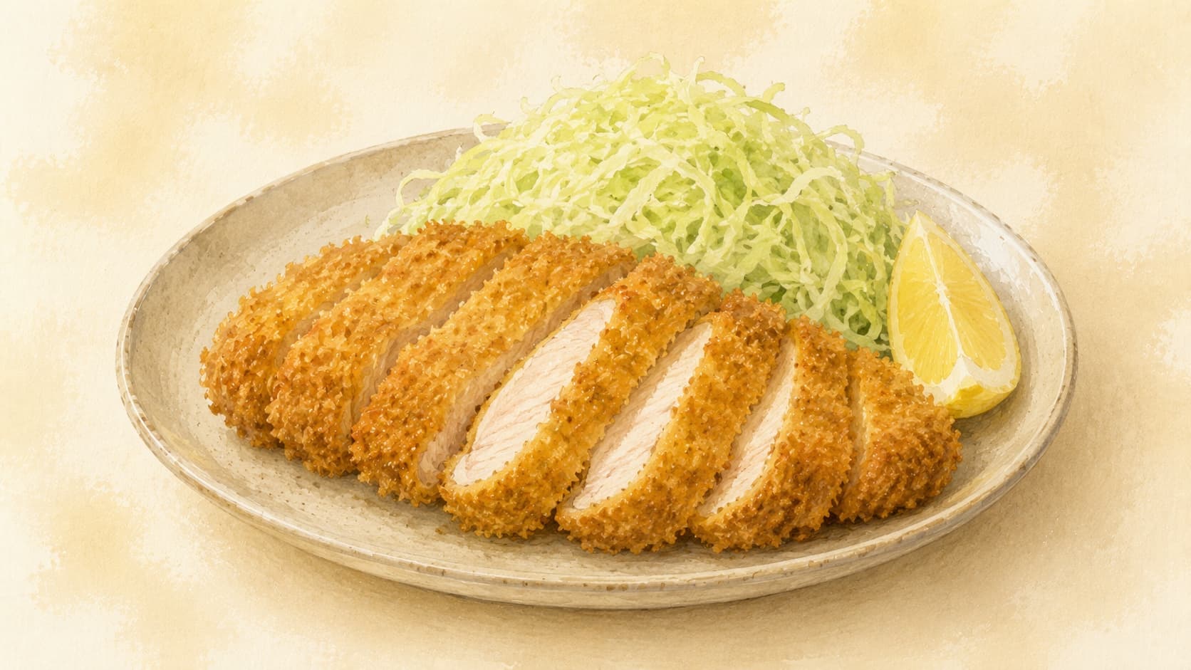 Crispy golden-brown pork cutlet served with shredded cabbage.