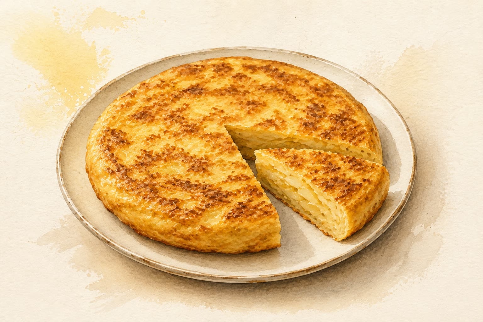 A beautifully golden tortilla Española on a rustic wooden table.