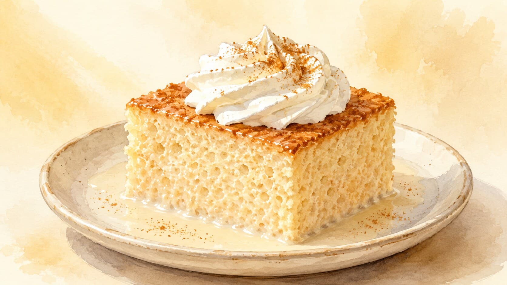 シナモンを振りかけた、ホイップクリームがトッピングされた薄いスポンジケーキの四角形のスライス。