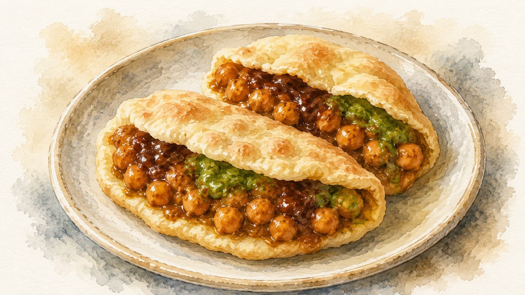 A watercolor illustration of Doubles, showcasing curried chickpeas sandwiched between two golden flatbreads.