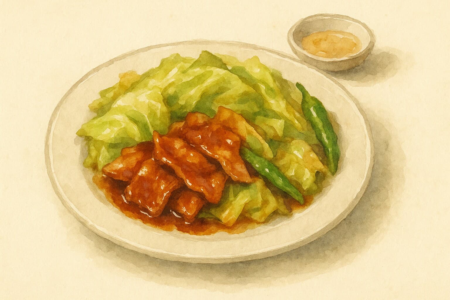 薄切りの豚バラ肉がキャベツとピーマンと共に艶のある赤褐色のソースで炒められている様子。