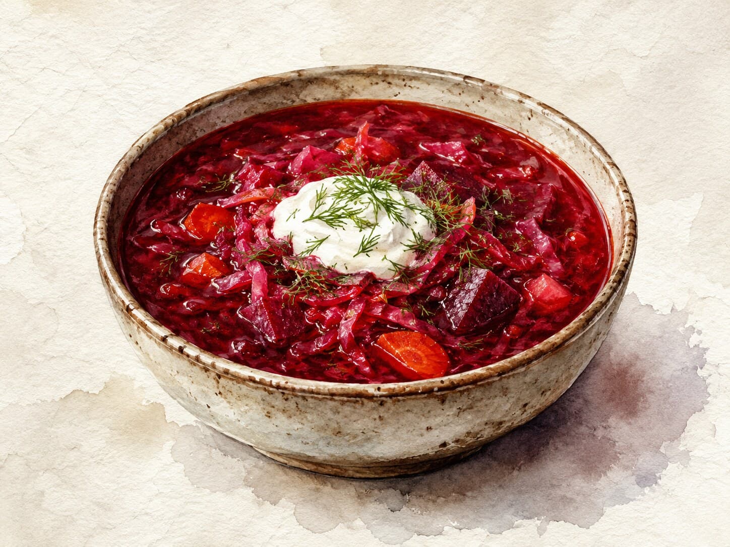 A bowl of deep red Ukrainian Borscht garnished with dill and a dollop of sour cream.