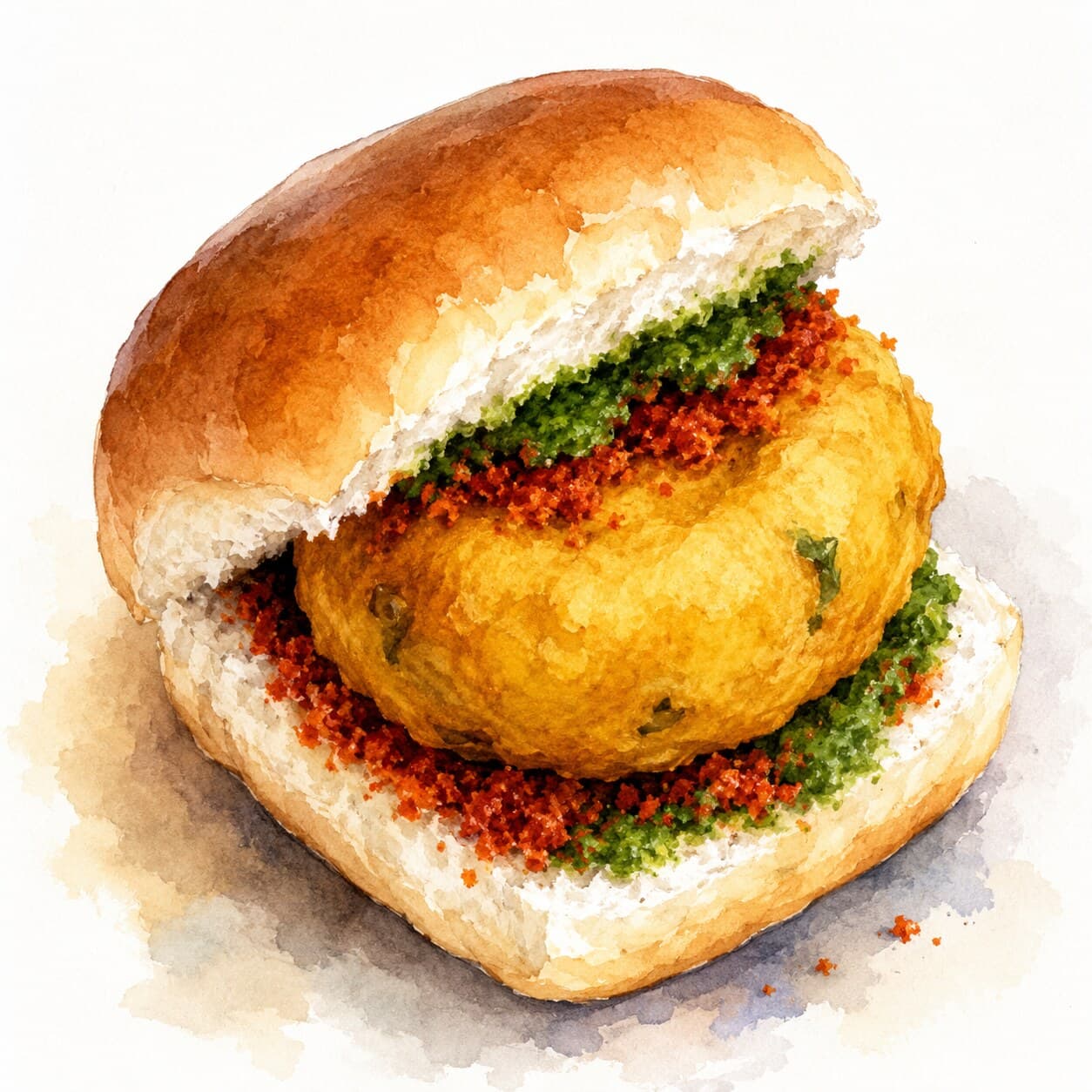 A vibrant illustration of Vada Pav with chutneys and a fried green chili on the side.