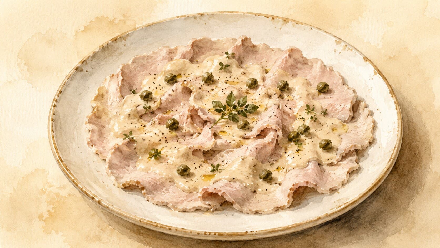 薄切りの仔牛肉にクリーミーなツナソースとケーパー、パセリをトッピングした料理のイメージ。