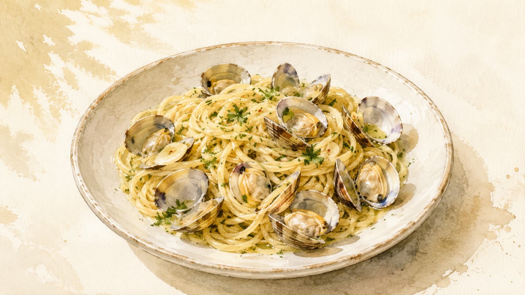 A plate of spaghetti topped with fresh clams and parsley.
