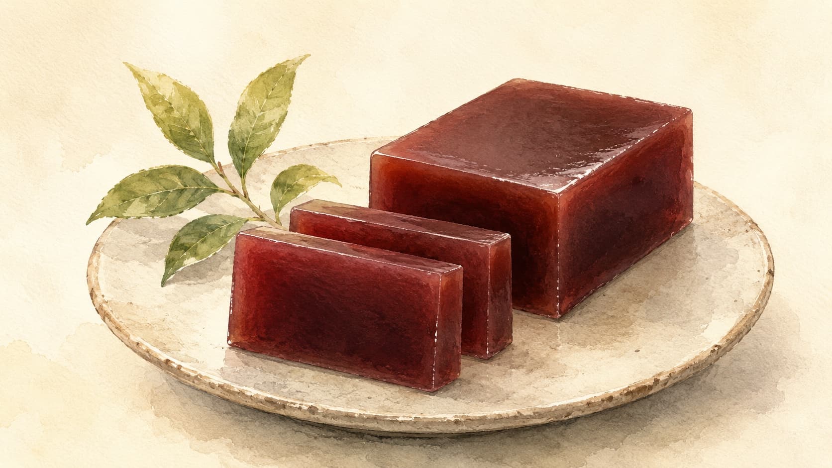A rectangular slice of Yokan showcasing its glossy surface and deep red color.