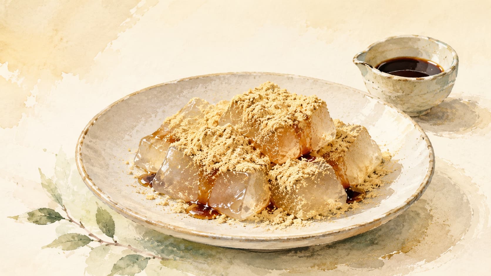 Soft, translucent Warabi Mochi dusted with kinako.