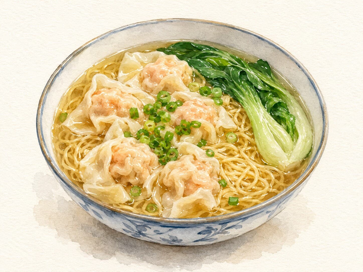 A beautifully illustrated bowl of Wonton Noodle Soup with shrimp wontons and noodles on a soft watercolor background.
