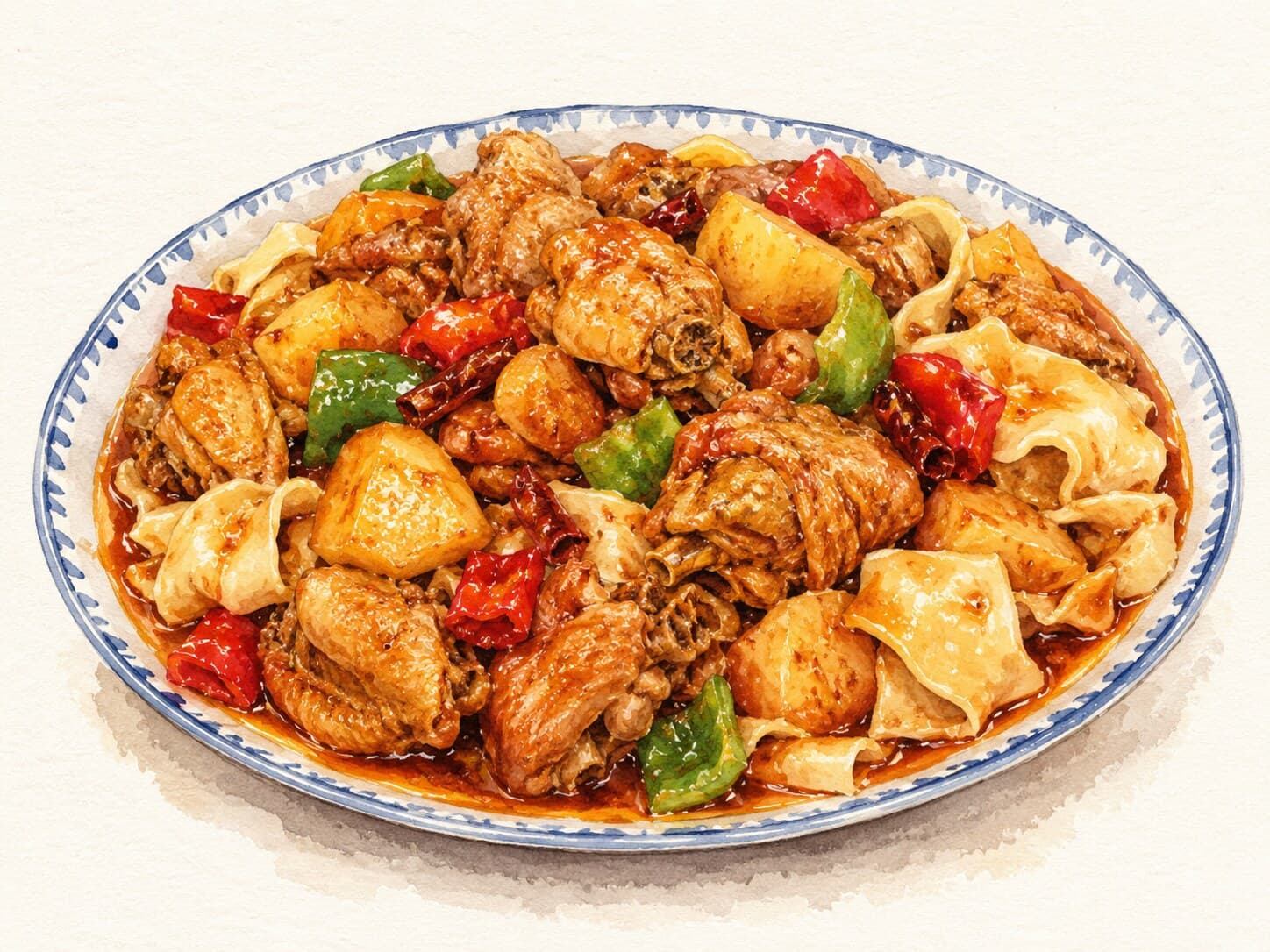 A watercolor illustration of Da Pan Ji, showcasing a large plate with vibrant chicken, potatoes, and colorful peppers.