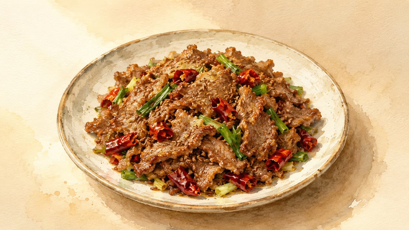 A wok filled with dark-mahogany sliced lamb, scattered with toasted cumin seeds and red chili flakes, topped with sliced scallion greens.