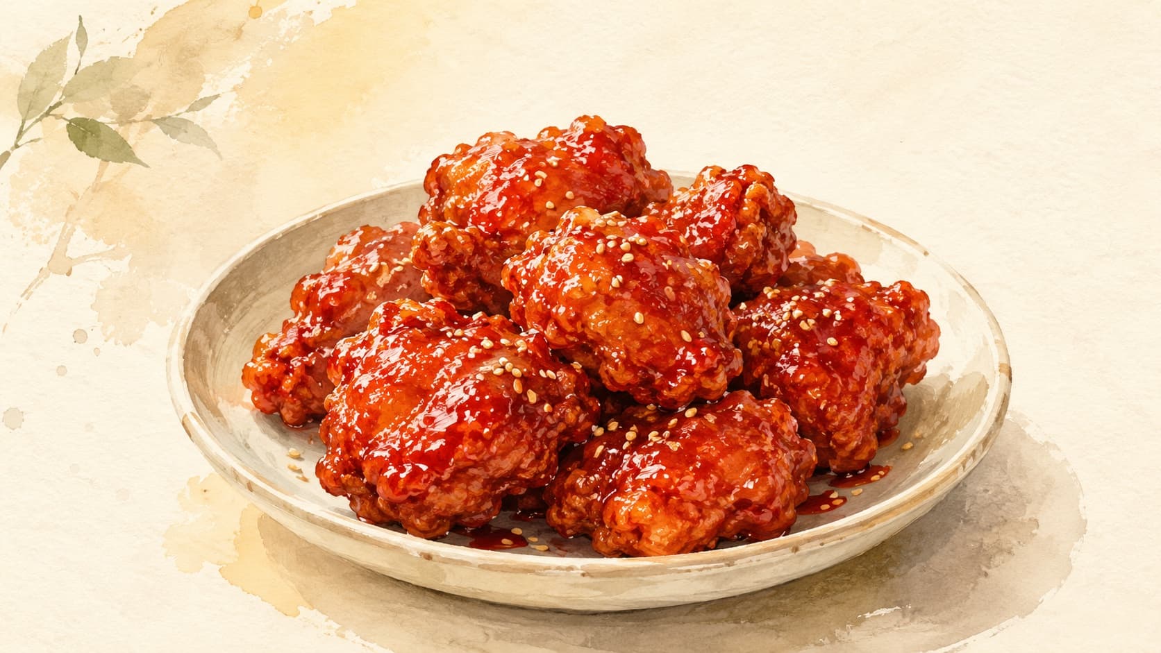 Crispy fried chicken glazed with a vibrant red sauce.