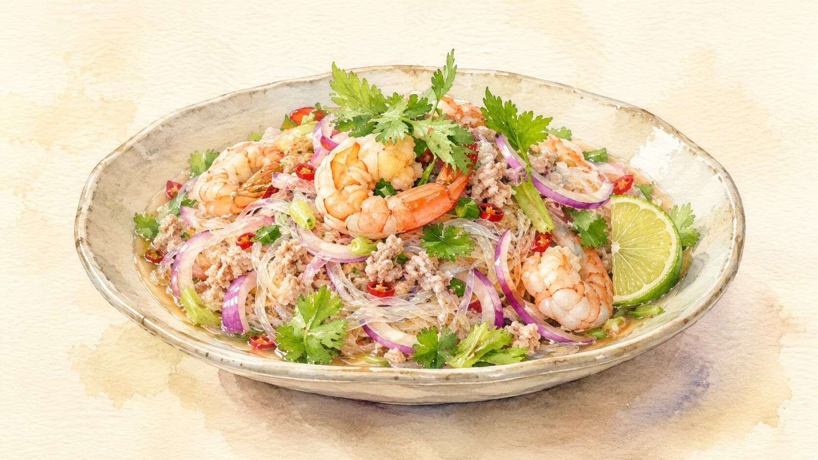 Translucent glass noodle salad with shrimp, squid, ground pork, chili, lime, and fresh herbs in a wide bowl.